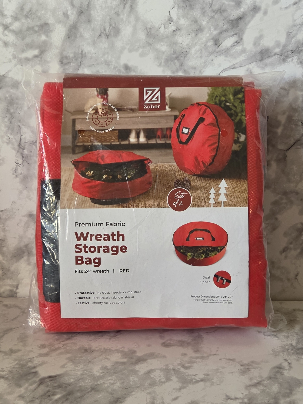 Premium Fabric Red Wreath Storage Bag - Set of 2 -  Fits 24" Wreath